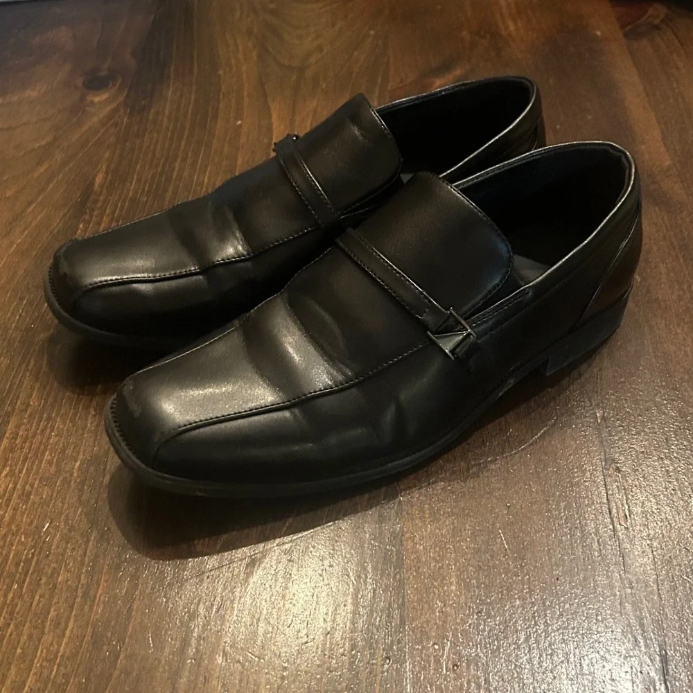 Perry Ellis Lucas Dress Shoes Kids Sz 7 Black Scuffed Square Toe Loafers Classic